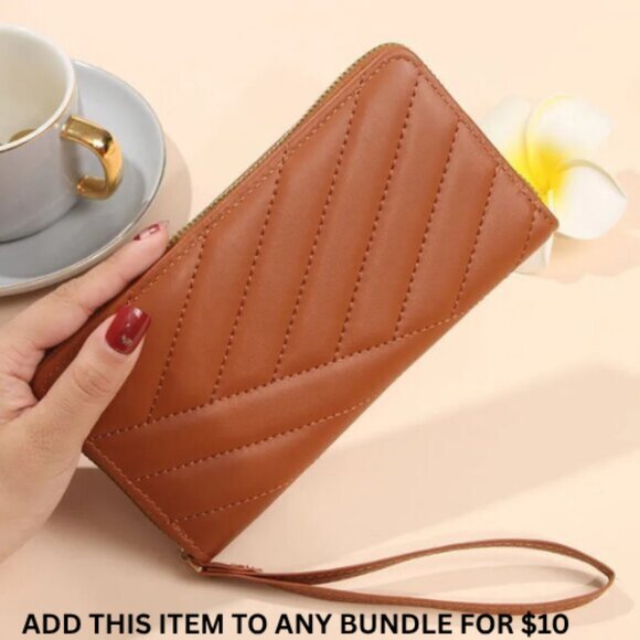 $10 ADD ON ITEM - Brown Quilted Faux Leather Wallet Clutch Zip Around Wristlet - Picture 1 of 5